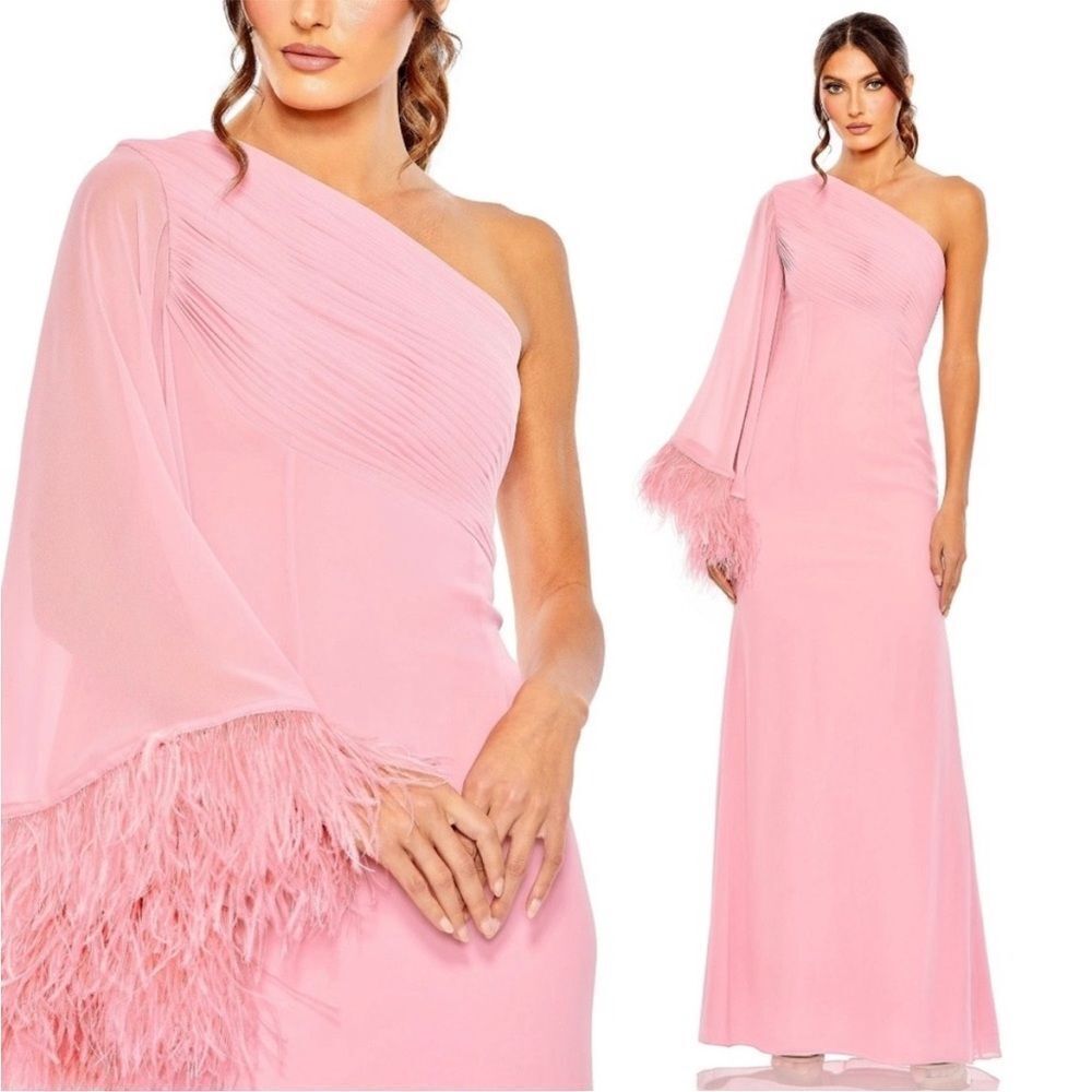 Mac Duggal Chiffon Feather One Shoulder Ruched Gown Size 16 #11442 NWT